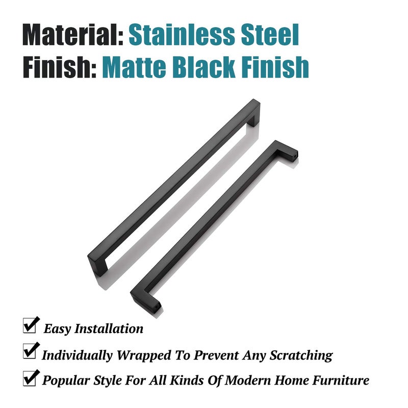 KNOBWELL 12 Pack Modern Kitchen Cabinet Handles 10 inch, Euro Style Square Black Cabinet Pulls Kitchen Cupboard Handles, Hole Centers 10", Overall Length 10-1/2" - Image 5